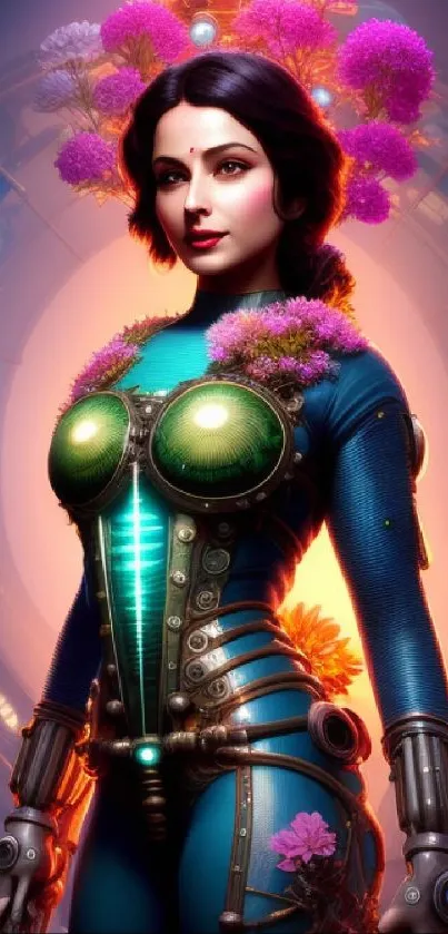 Futuristic woman with floral elements in sci-fi setting with vibrant colors.