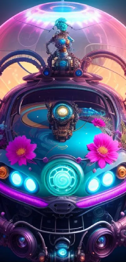 Futuristic sci-fi wallpaper with neon lights and flowers on a robotic head.