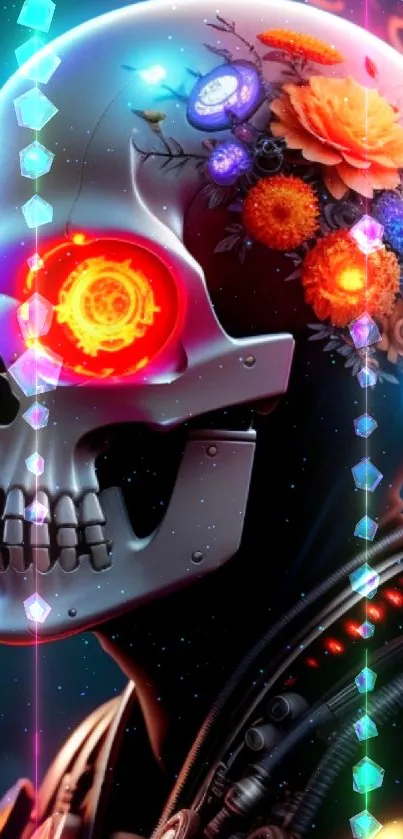 Futuristic skull with flowers and neon accents mobile wallpaper.