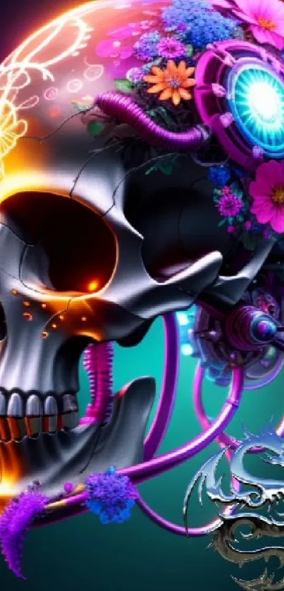 Vibrant skull wallpaper with neon floral accents and cyberpunk elements.