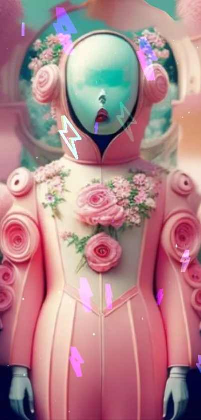 Futuristic robot with floral pink design on a space-themed background.