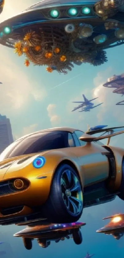 A futuristic scene with a flying car and spacecraft against a city skyline.