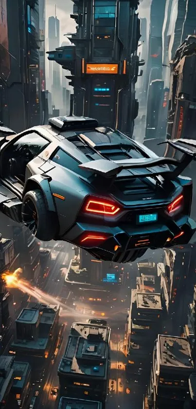 Futuristic flying car in a cityscape with skyscrapers.