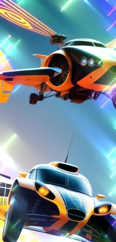 Futuristic flying cars with neon highlights on a mobile wallpaper.