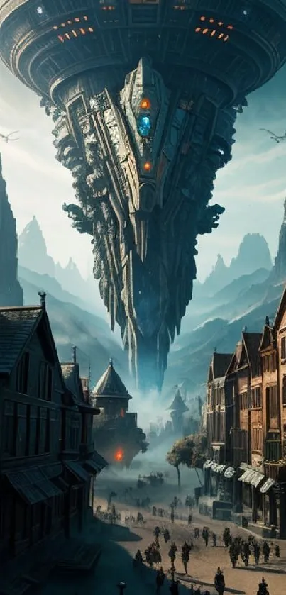 Steampunk flying city above a quaint town in a futuristic world.