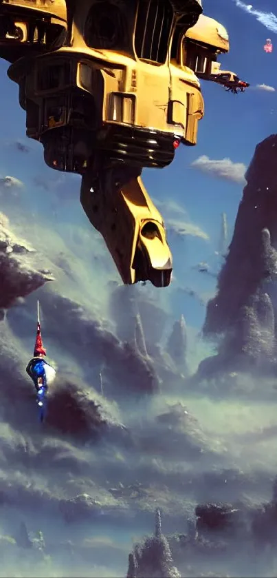 Futuristic cityscape with floating structures in a blue sky.