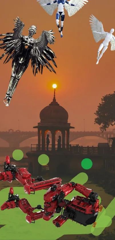 Flying robotic figures over a sunset cityscape with futuristic elements.