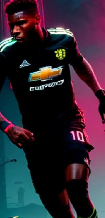 Futuristic football player in a neon-lit city street with vibrant pink and blue hues.