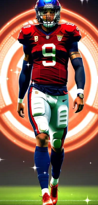 Futuristic football player with glowing background and vivid red and blue colors.