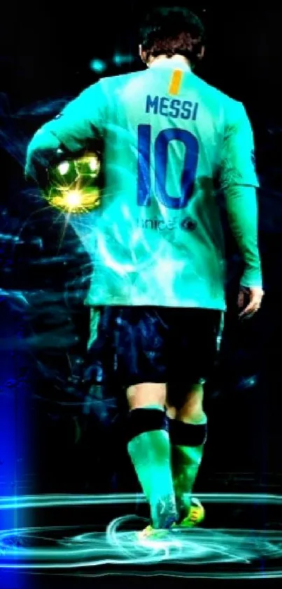 Futuristic digital art of a football player in neon colors.