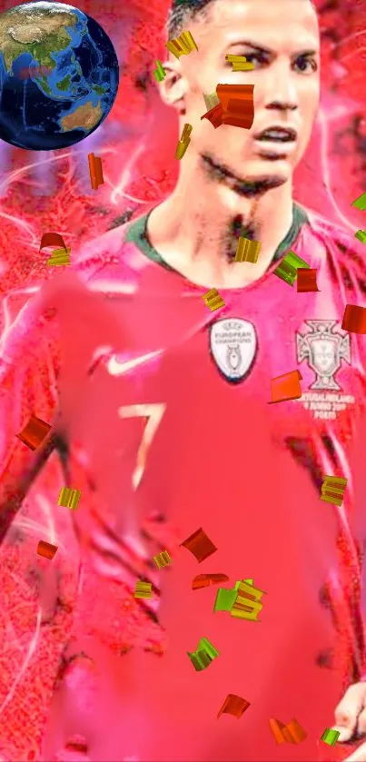 Futuristic football star with bold red accents in a vibrant wallpaper.