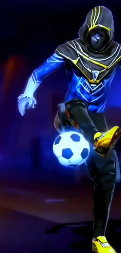 Futuristic footballer performs a soccer trick in vibrant colors.