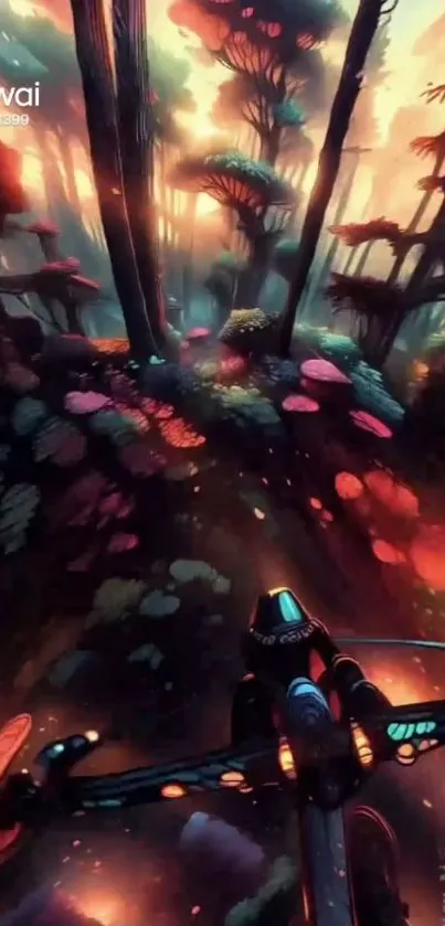 Futuristic forest adventure with vibrant colors and robotic vehicle.