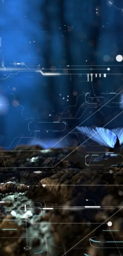 Futuristic forest wallpaper with a glowing blue butterfly and digital elements.