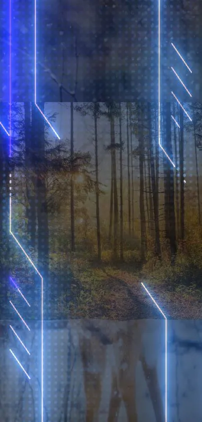 Futuristic neon lines over forest path wallpaper