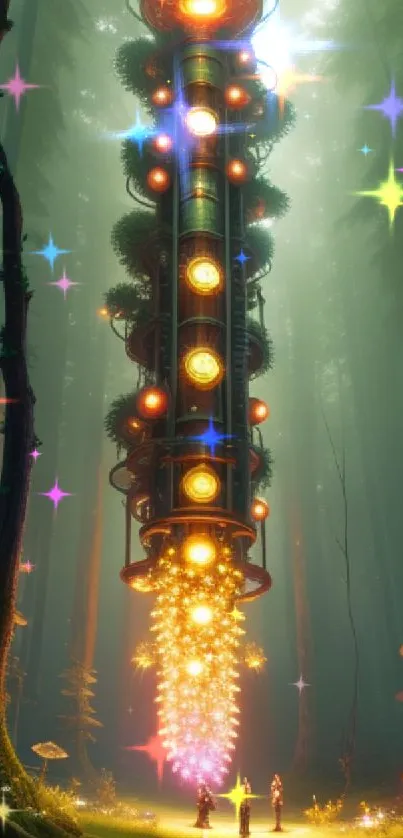 Futuristic portal in a mystical forest with glowing lights and tall trees.