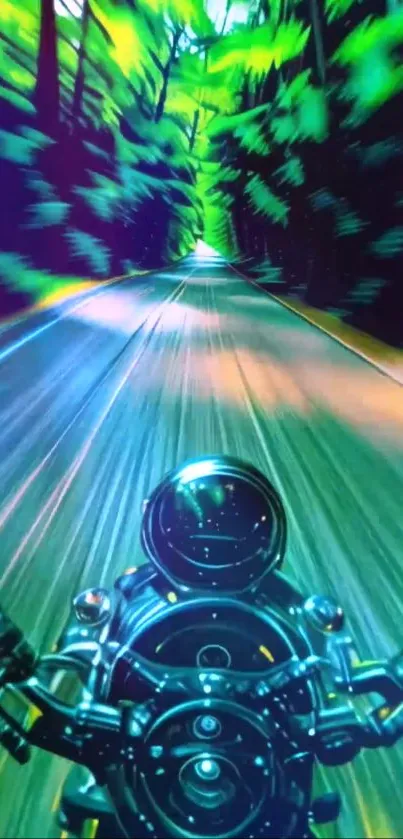 Futuristic motorbike journey through vibrant digital forest landscape.