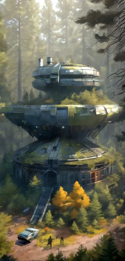 Futuristic tower amidst lush green forest landscape.