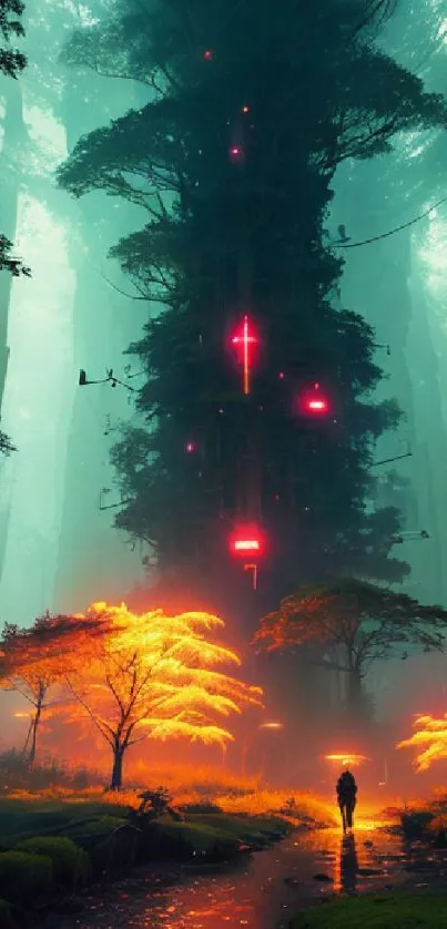 Futuristic forest with glowing neon lights and a lone wanderer in a mystical setting.