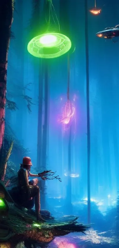 Futuristic forest with glowing UFOs and neon lights in a mystical setting.