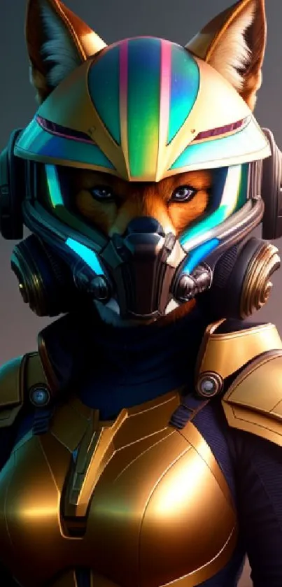 Vibrant futuristic fox astronaut wallpaper in gold armor with colorful helmet.