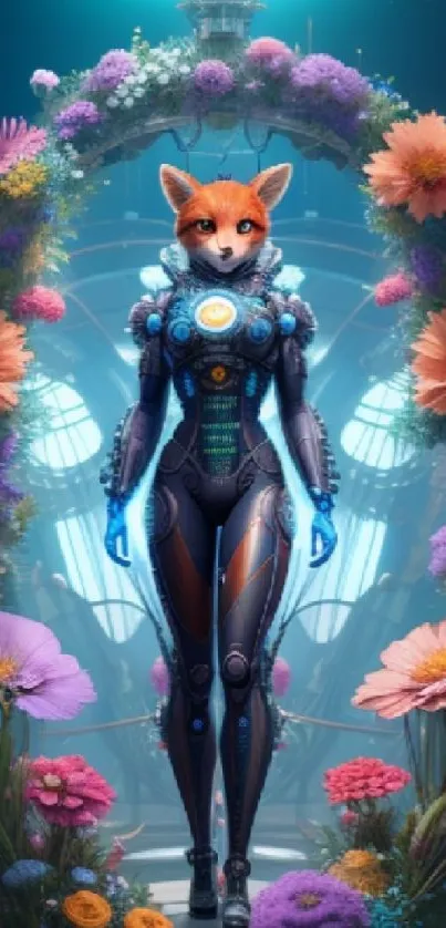 Futuristic fox cyborg surrounded by colorful flowers.