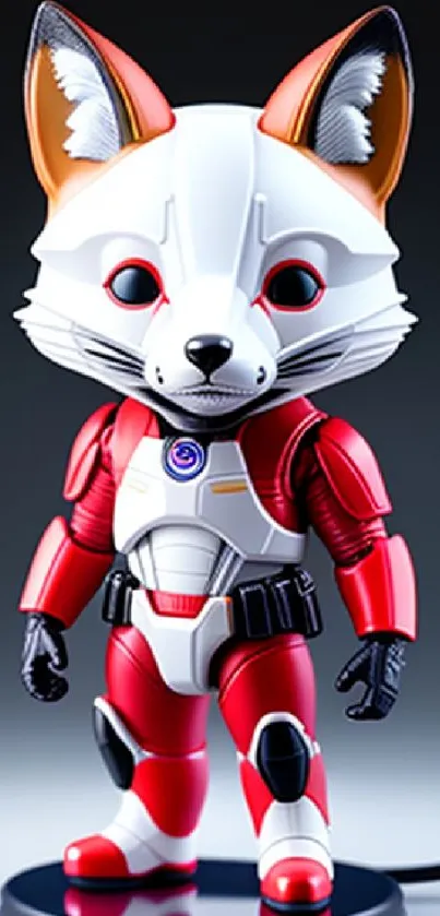 Futuristic fox figurine in red spacesuit on black base.