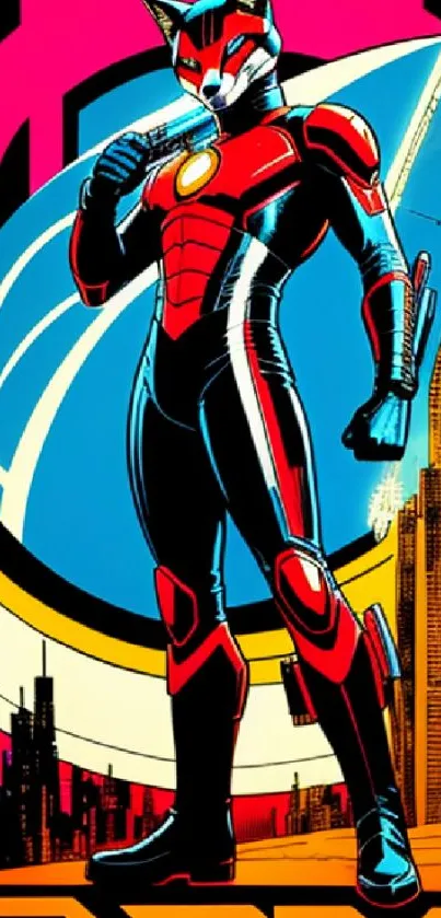 Futuristic fox hero stands against a vibrant cityscape background.