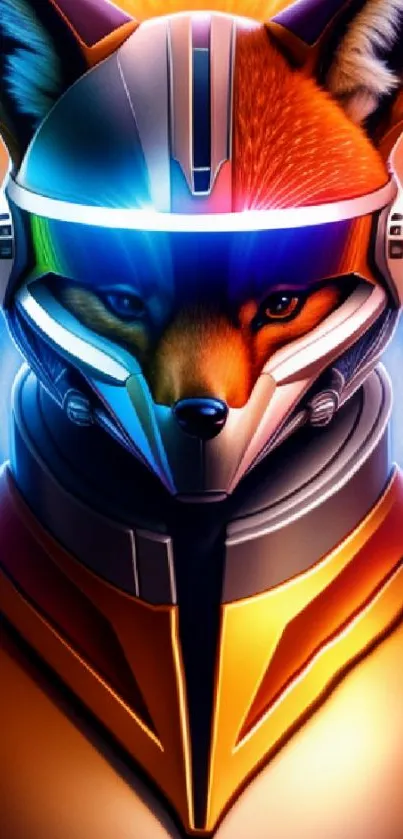 Futuristic fox wearing a glowing space helmet with cosmic background.