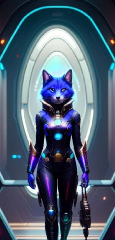 Futuristic fox in spacesuit, sci-fi corridor backdrop.