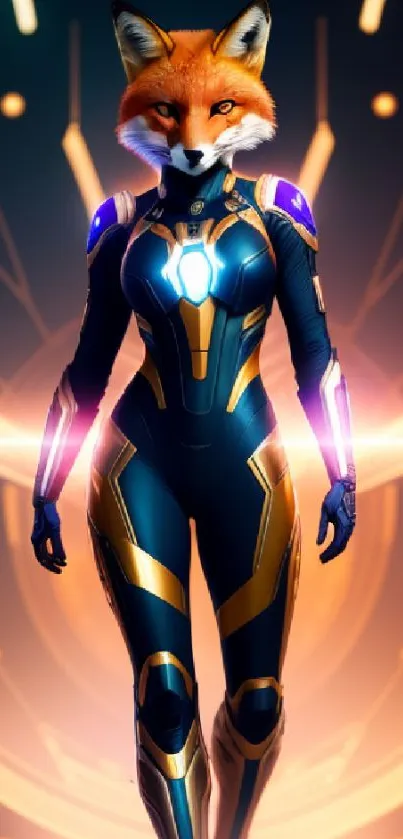 Futuristic fox warrior in a high-tech suit with a glowing background.