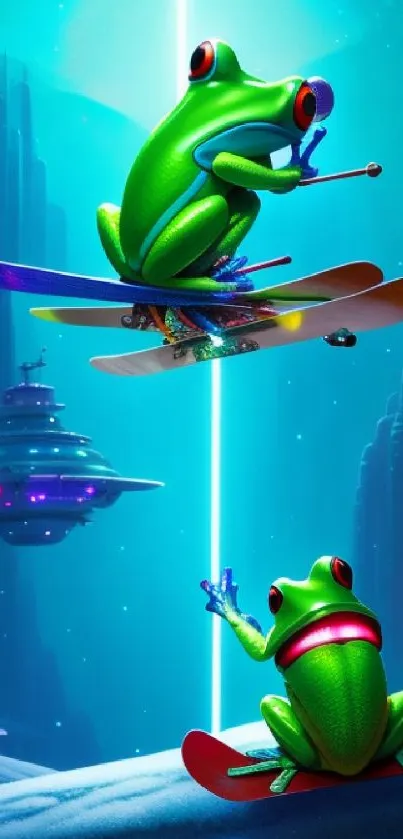 Futuristic frogs skiing in a vibrant sci-fi world.