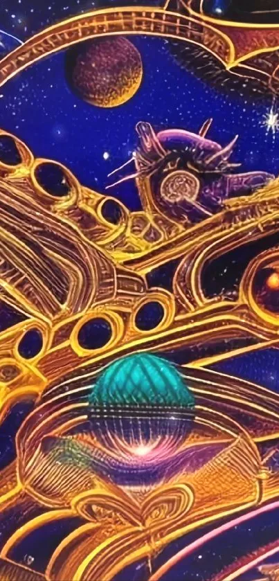 Futuristic galaxy art with golden architecture and celestial scenery.