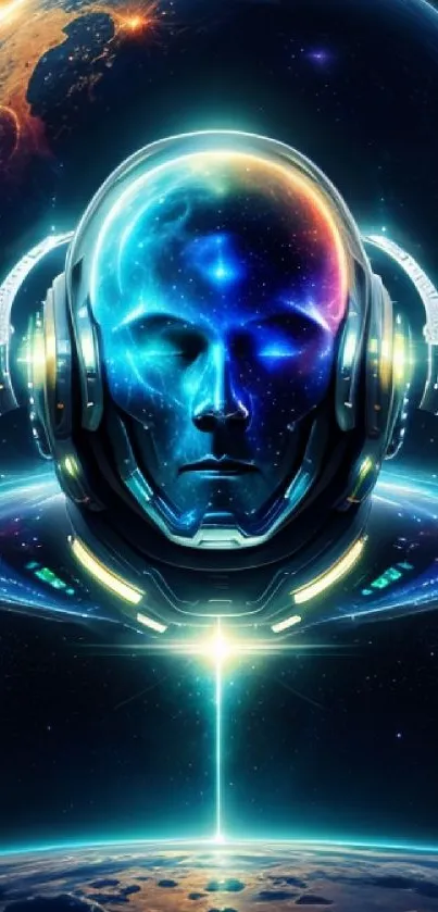Futuristic cosmic head with galaxy backdrop.