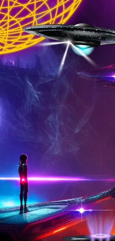 Futuristic galaxy wallpaper with UFO and neon lights in space.