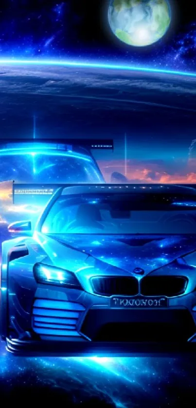 Futuristic car with galaxy backdrop on mobile wallpaper.