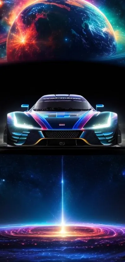Futuristic car with galaxy backdrop and neon cosmic elements.