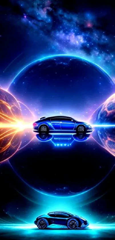 Futuristic car with glowing neon against a cosmic galaxy backdrop on mobile wallpaper.