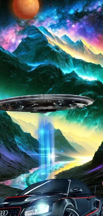 Futuristic scenic phone wallpaper with car, UFO, and galaxy backdrop.