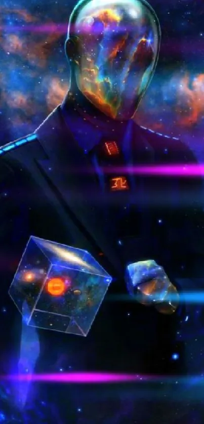 Futuristic figure with galaxy face and cube in a cosmic background.