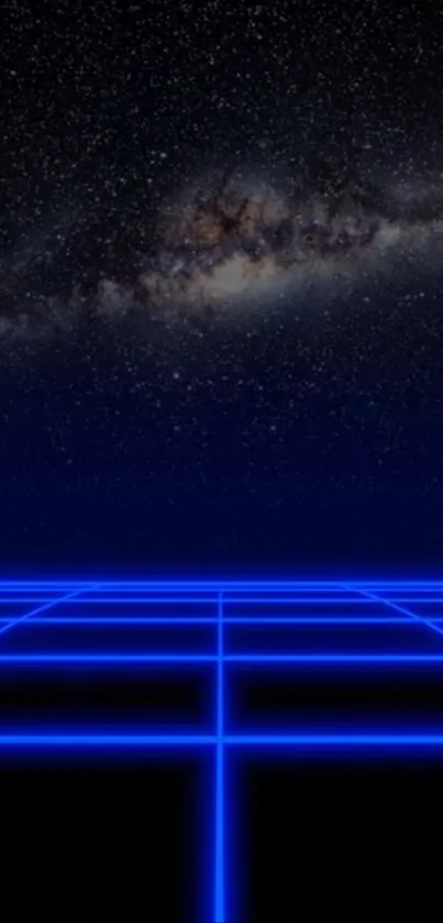 Futuristic wallpaper with blue grid and galaxy sky.