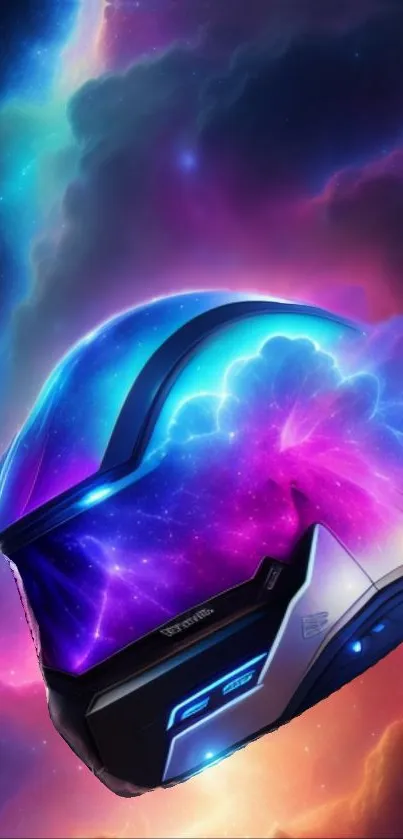 Futuristic helmet with neon galaxy effect on cosmic background.