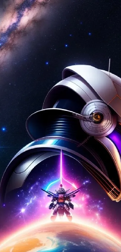 Futuristic robot hero with galaxy background wallpaper.