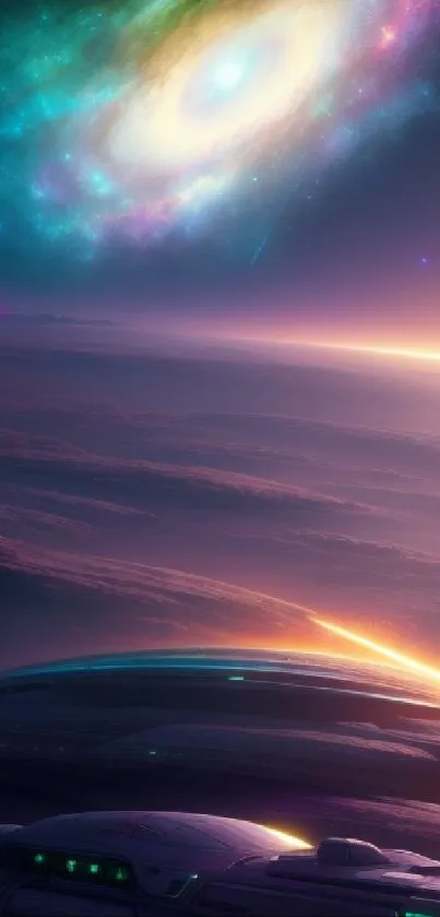 Futuristic galaxy landscape with spaceship and cosmic colors.