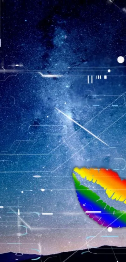 Mobile wallpaper featuring a galaxy with rainbow lip art and futuristic design.
