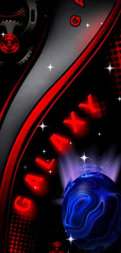 Futuristic red and blue galaxy-themed mobile wallpaper with abstract elements.