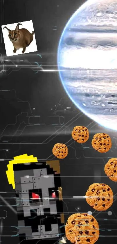 Futuristic pixel art wallpaper with cosmic elements and cookies.