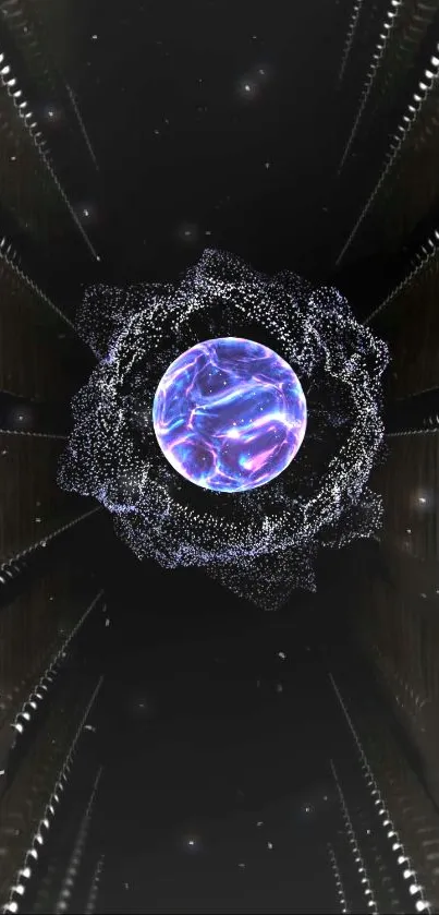 Futuristic mobile wallpaper with glowing galaxy sphere.