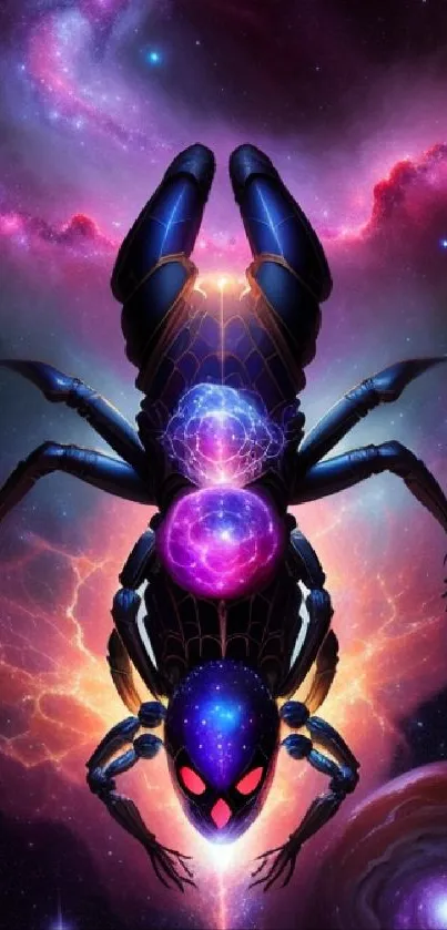 Futuristic spider art with vibrant galaxy background.