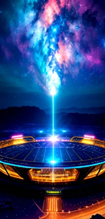 Futuristic stadium under colorful galaxy backdrop.